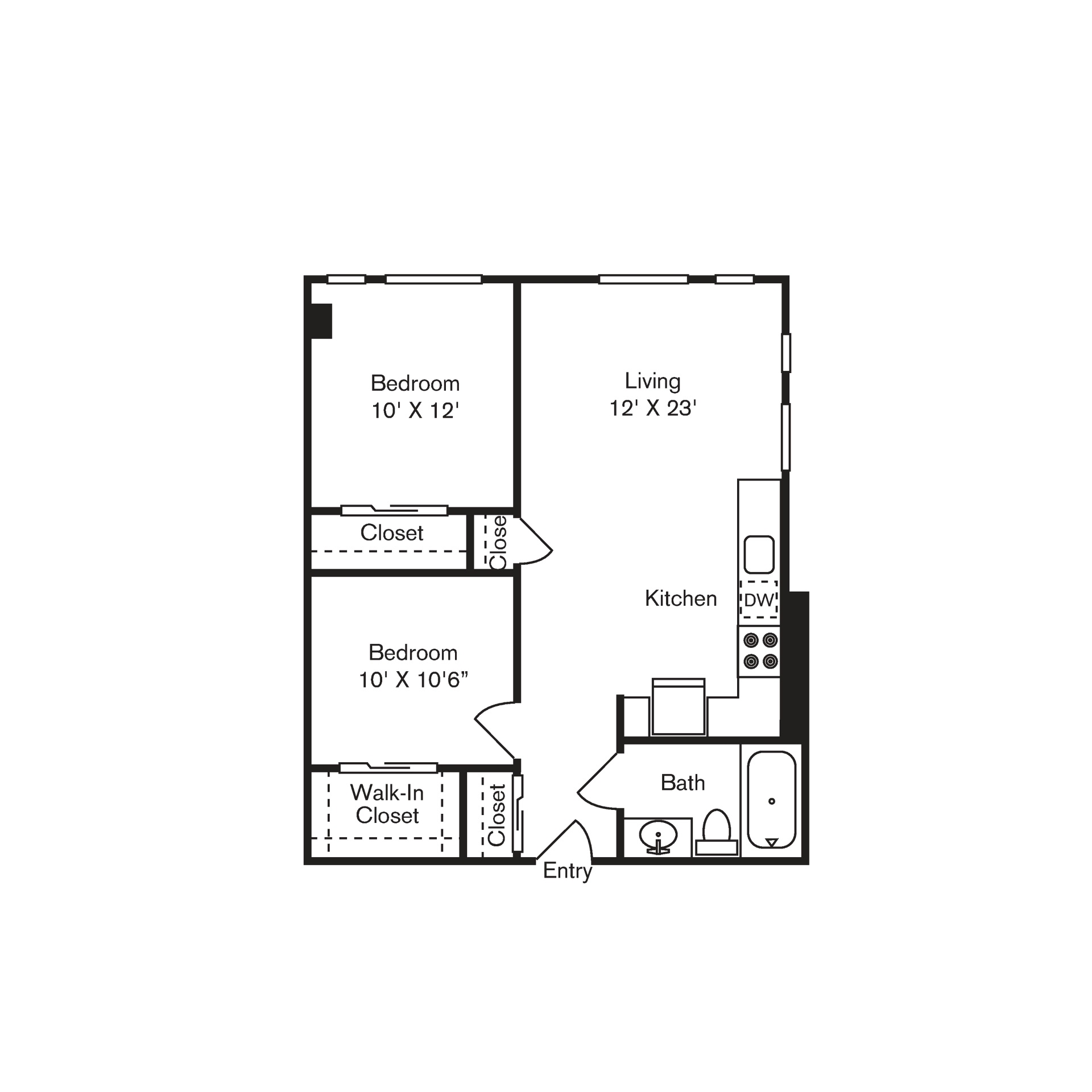 Floor plan for 2 beds, 1 bath, 730 sqft